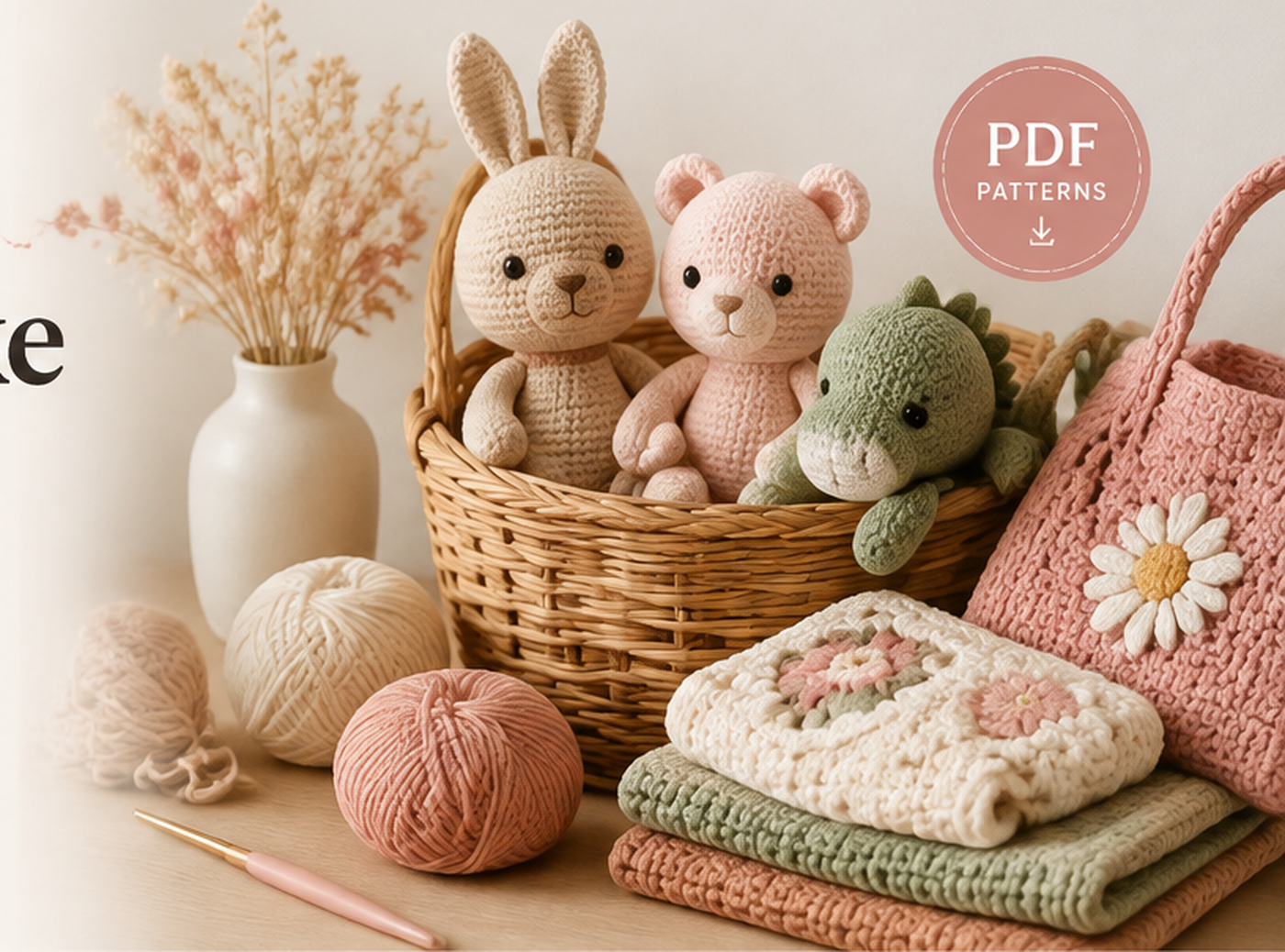 Crochet amigurumi toys, yarn, crochet bag and folded blankets