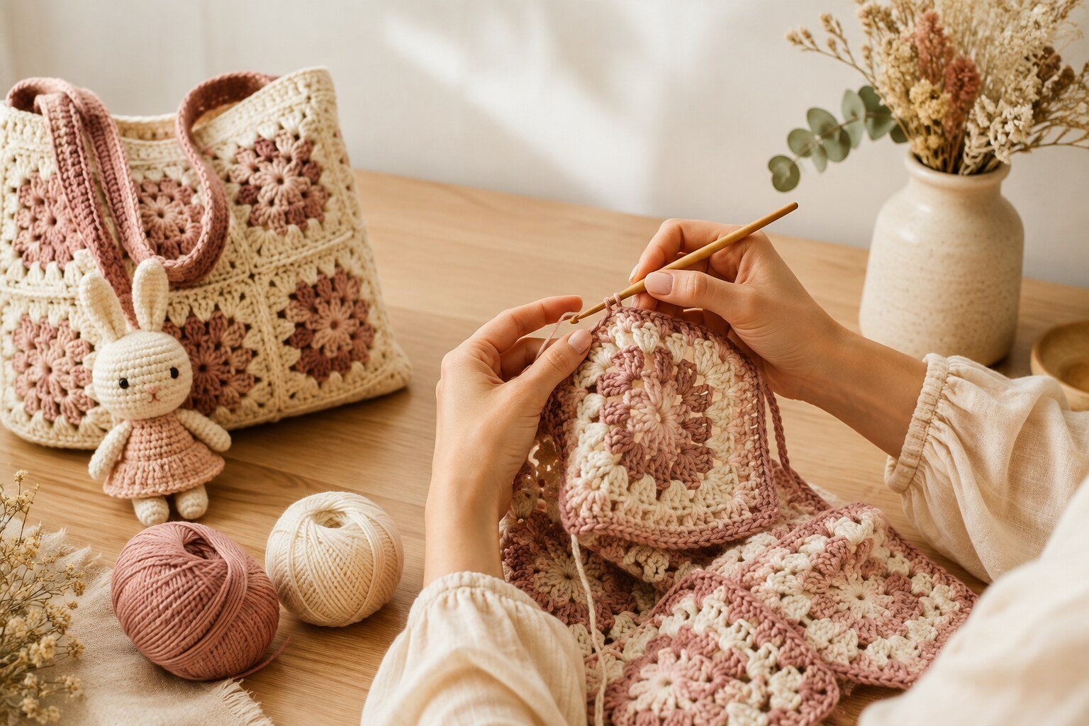 Crochet amigurumi toys, yarn, crochet bag and folded blankets